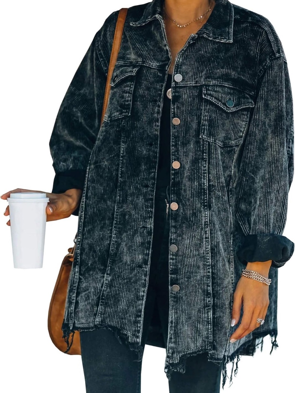 Women's Oversized Button Down Corduroy Shirt Jacket Coat Washed Retro Shacket